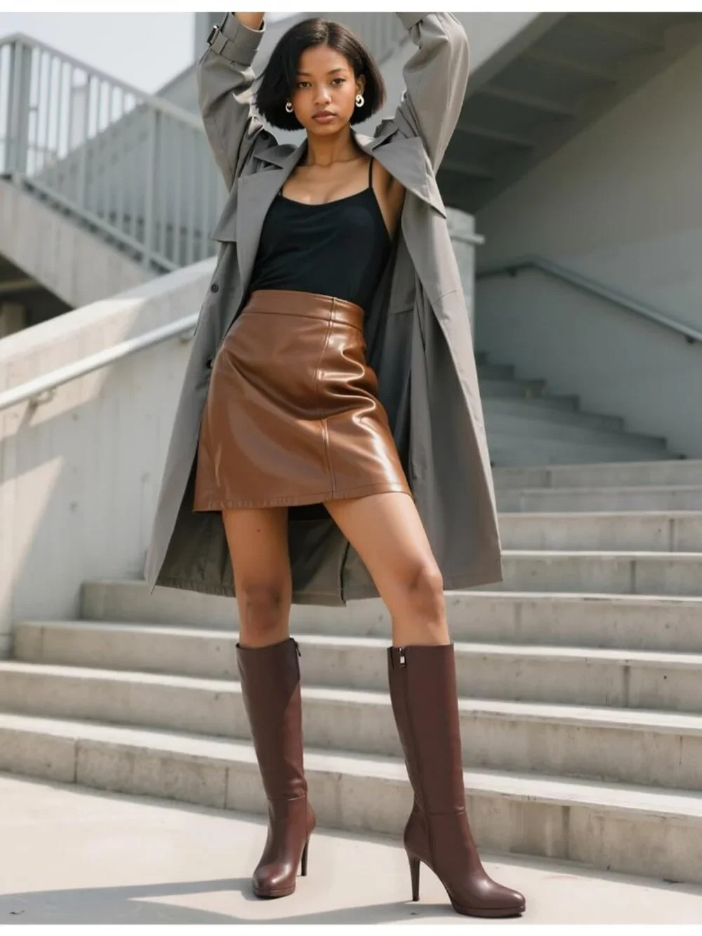 Women's Brown Pu2 Round Toe Stiletto Heels Fall Tall Platforms Boots Side Zipper
